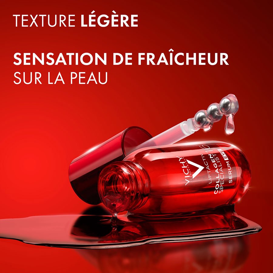 Vichy Liftactiv Collagen Specialist, bottle lying in a pool of serum, text in French