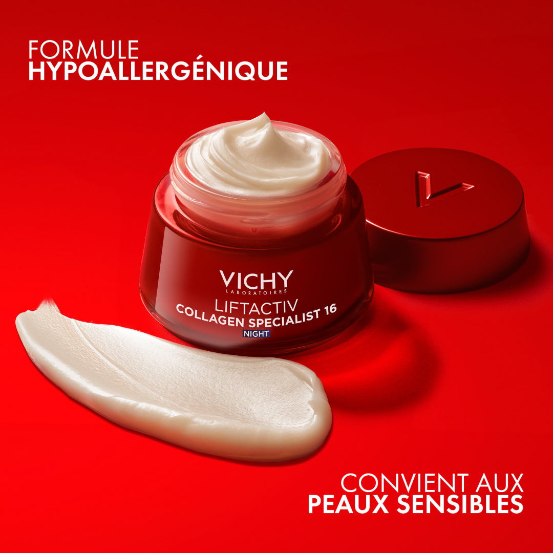 Vichy Liftactiv Collagen Specialist, open jar and cream texture swatch, text in French