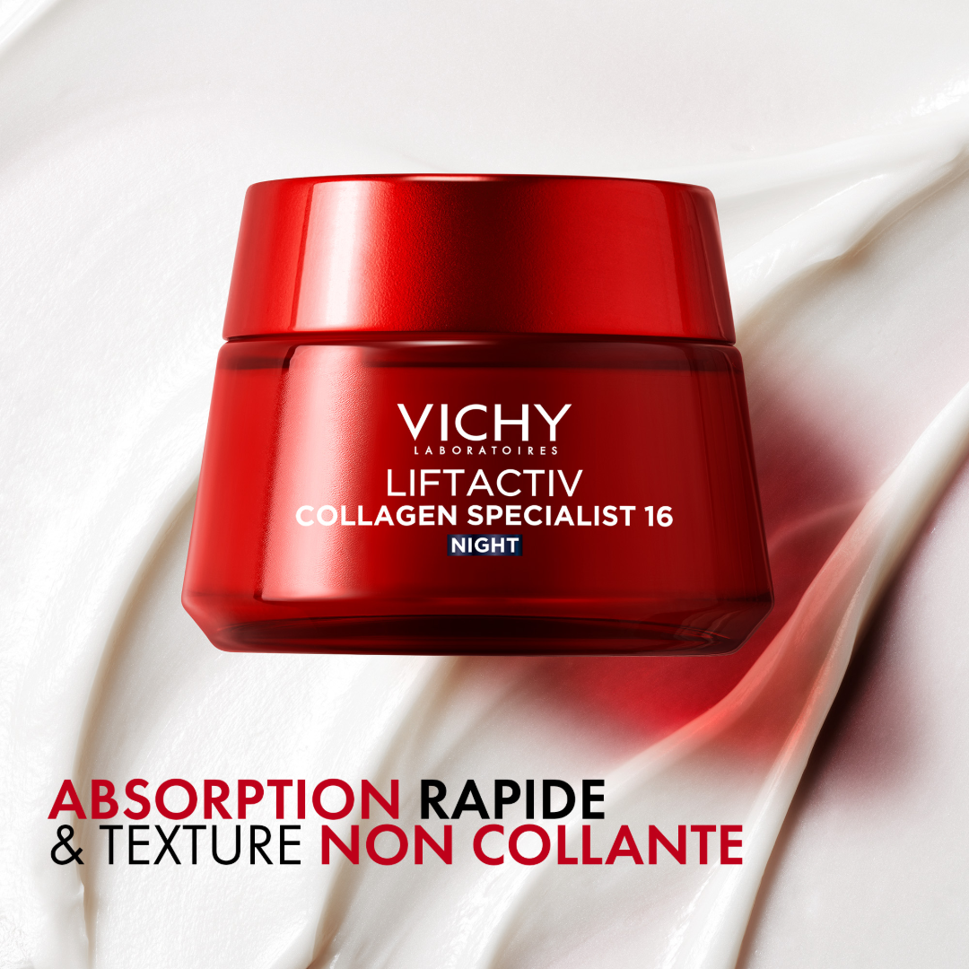 Vichy Liftactiv Collagen Specialist, jar on a bed of cream, text in French