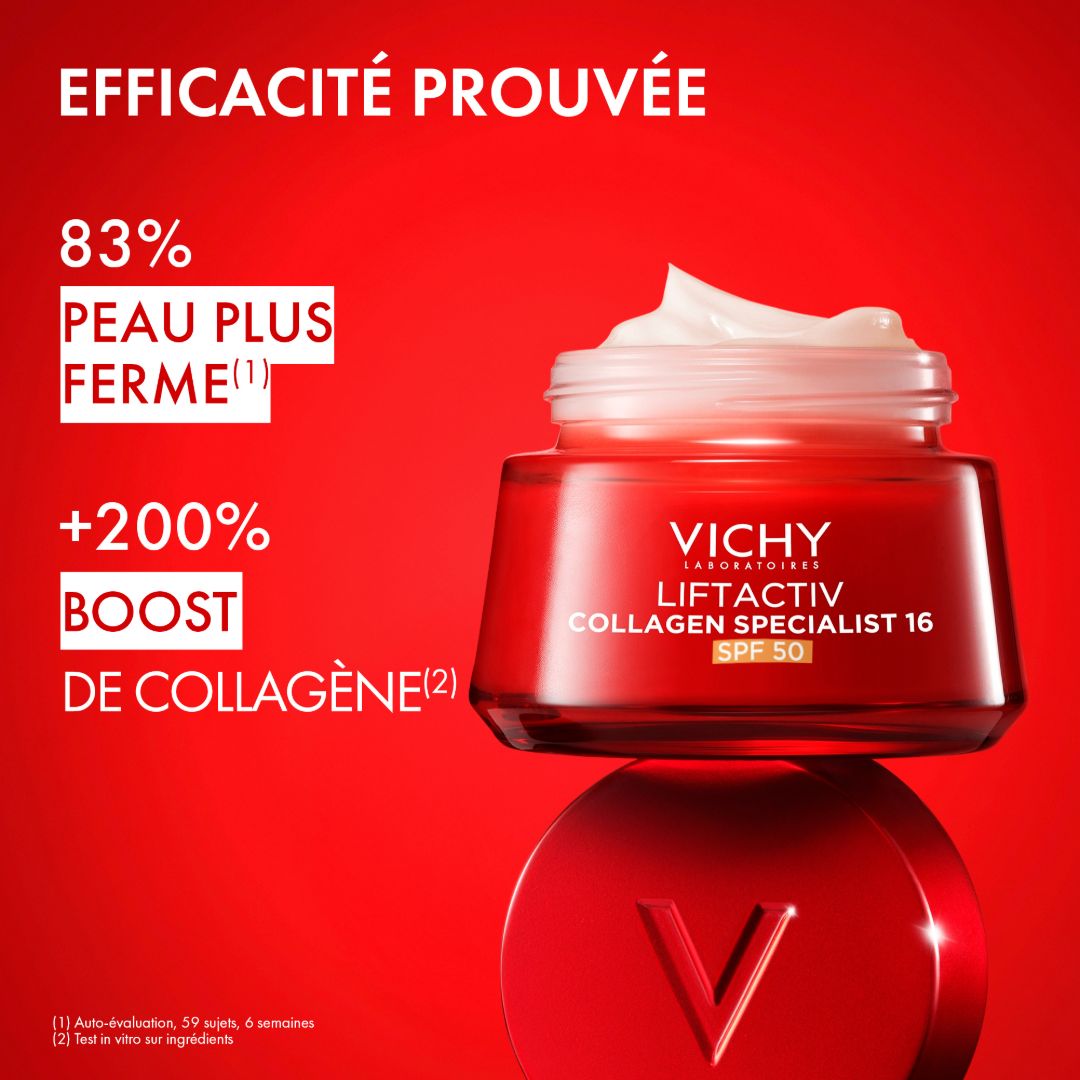 Vichy LiftActiv Collagen Specialist, open jar with study results in French