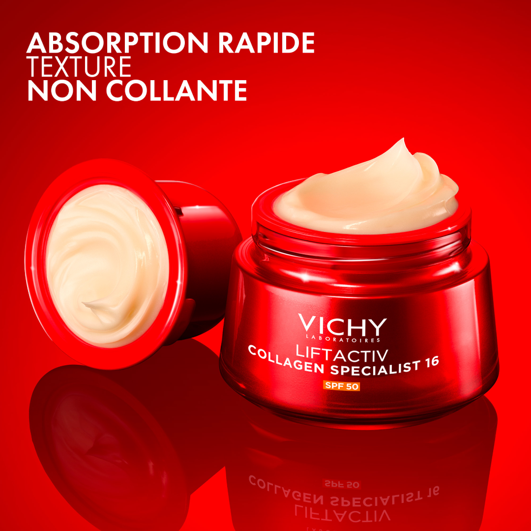 Vichy LiftActiv Collagen Specialist, open jar and refill pod showing the cream, text in French