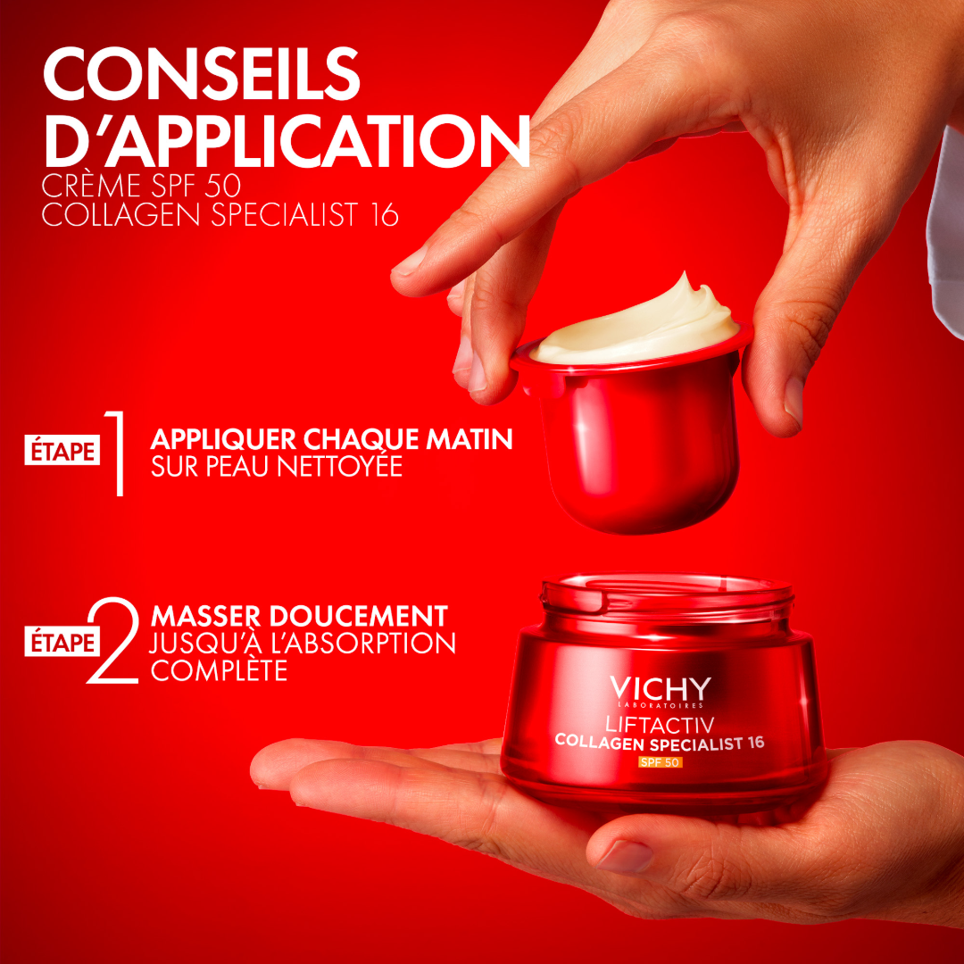 Vichy LiftActiv Collagen Specialist, hands holding the jar and refill pod, two-step directions in French