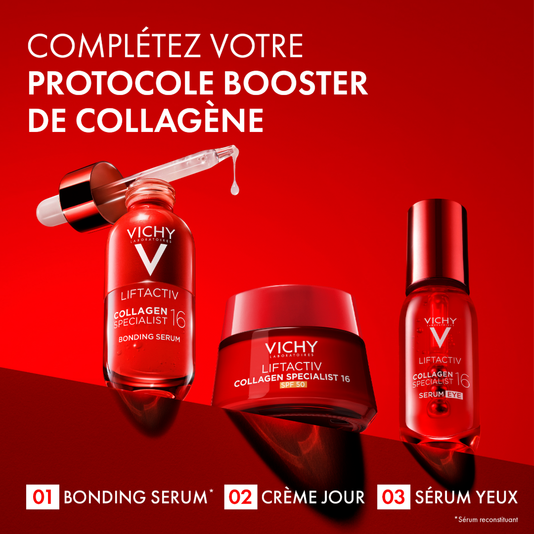 Vichy LiftActiv Collagen Specialist, three-step routine with the bonding serum, day cream and eye serum
