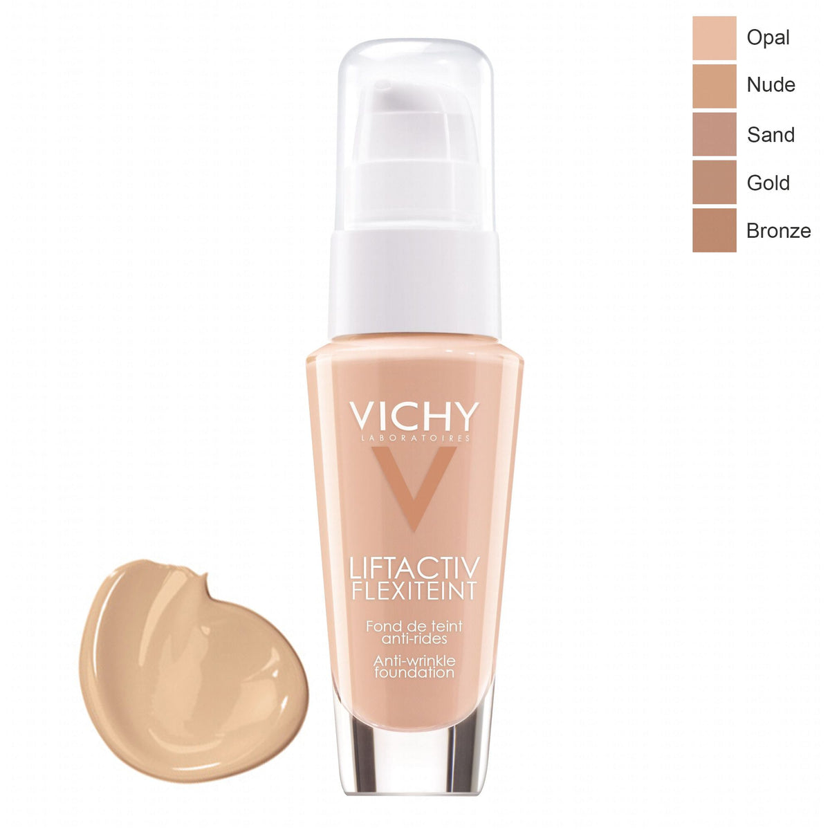 Vichy Liftactiv Flexiteint, pump bottle with a fluid swatch and a chart of five shades