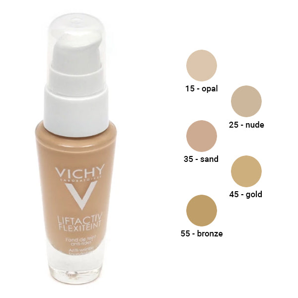 Vichy Liftactiv Flexiteint, pump bottle beside five shade swatches