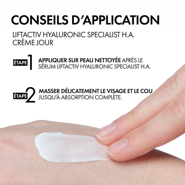 Vichy Liftactiv Hyaluronic Specialist, cream swatch on the hand with two-step directions in French