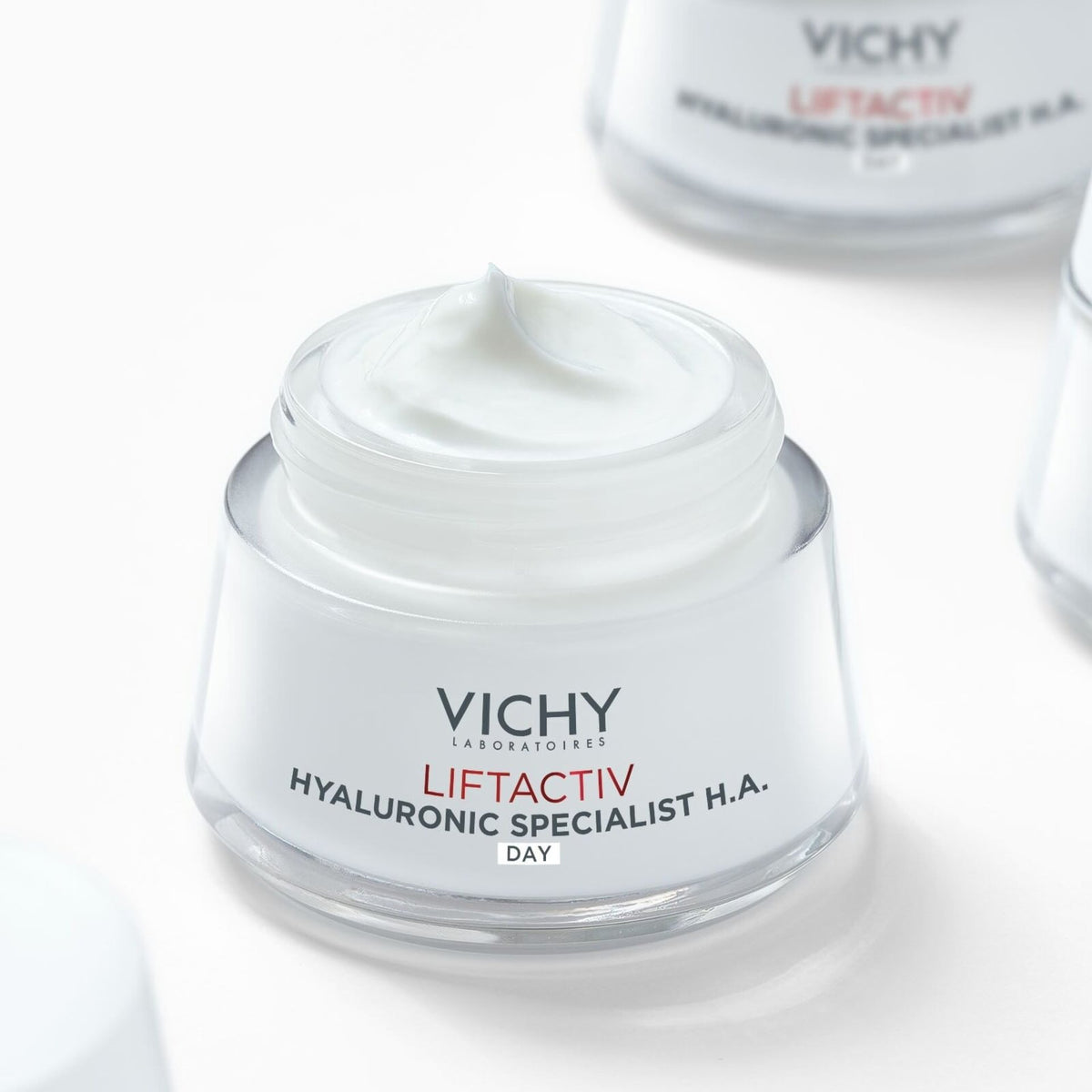 Vichy Liftactiv Hyaluronic Specialist, open jar showing the cream among other jars