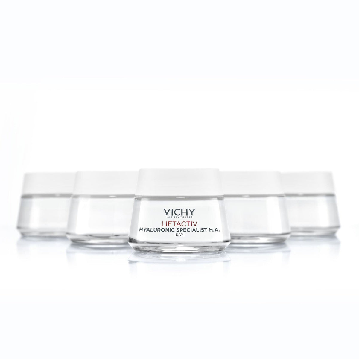 Vichy Liftactiv Hyaluronic Specialist, row of five jars on a white background
