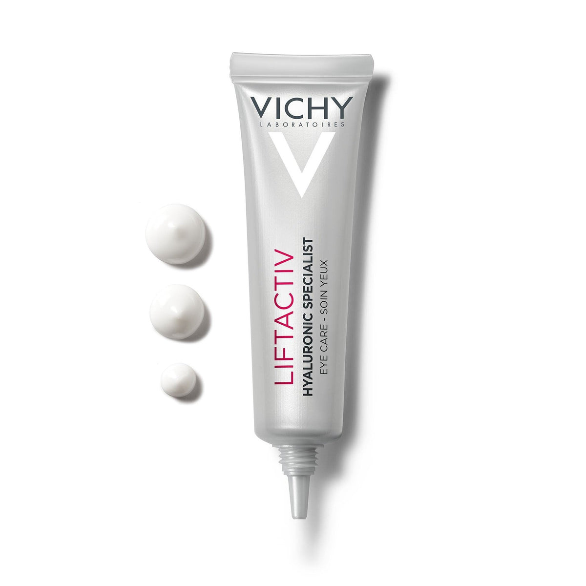 Vichy Liftactiv, tube with the cap off beside three dots of cream