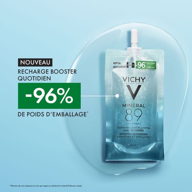 Vichy Mineral 89, refill pouch on a gel drop, text in French