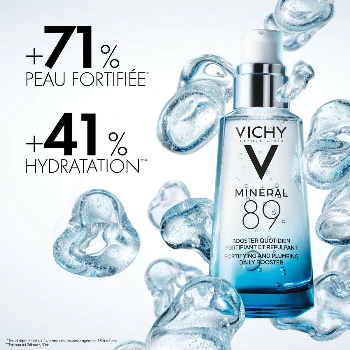 Vichy Mineral 89, pump bottle among gel drops with study results in French