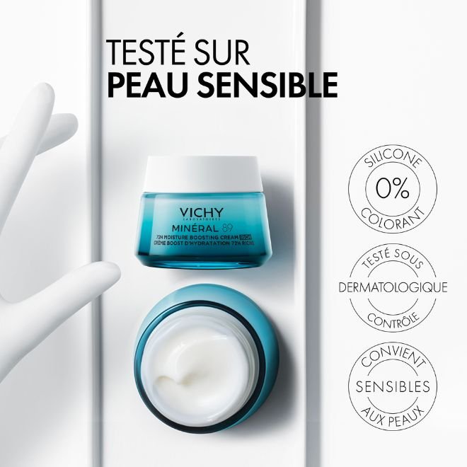 Vichy Minéral 89, closed and open jars with labels in French