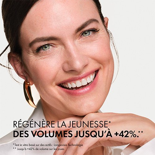 Vichy Neovadiol Longevity, smiling woman resting her chin on her hand, text in French