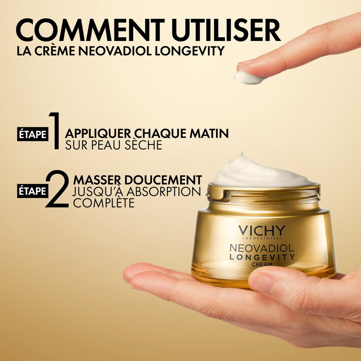 Vichy Neovadiol Longevity, hand holding the open jar with two-step directions in French