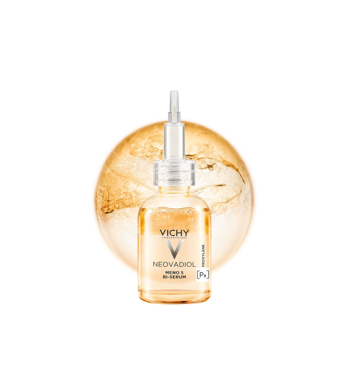 Vichy Neovadiol Meno-5, dropper bottle in front of a serum swirl