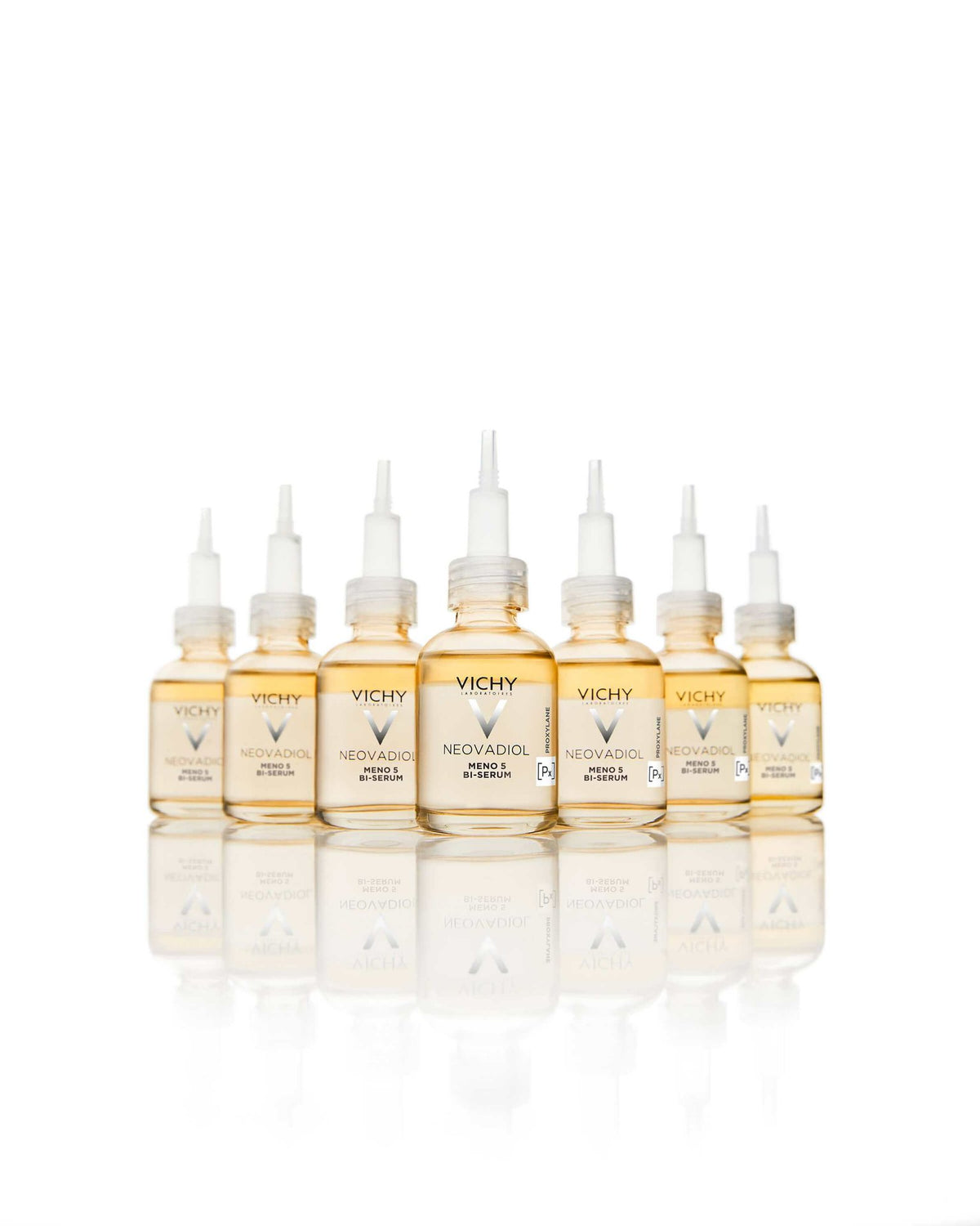 Vichy Neovadiol Meno-5, group of seven bottles on a white background
