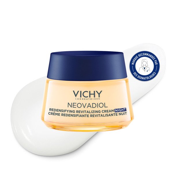Vichy Neovadiol, jar on a cream swatch with a badge in French