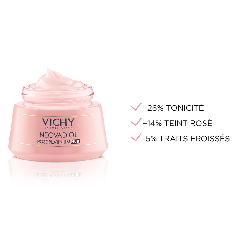 Vichy Neovadiol Rose Platinium, open jar with study results in French
