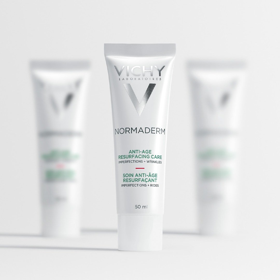 Vichy Normaderm 50ml, front of the tube between two blurred tubes