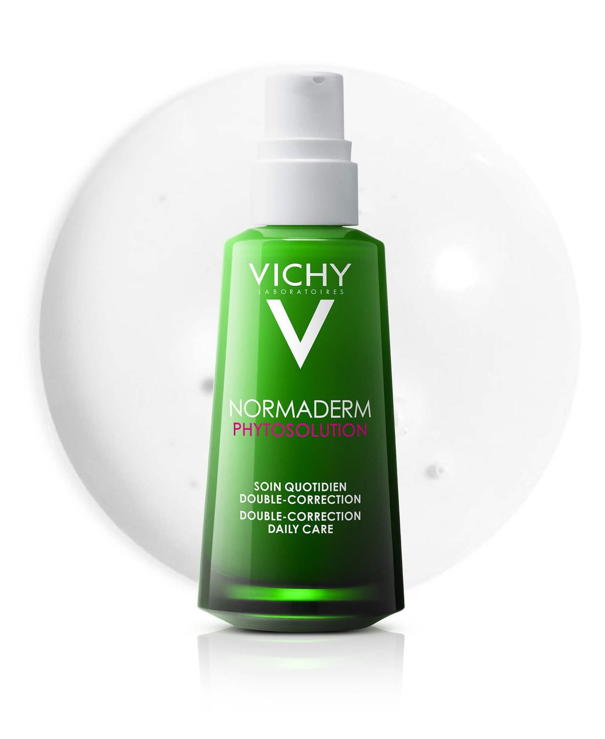 Vichy Normaderm, pump bottle in front of a clear gel circle