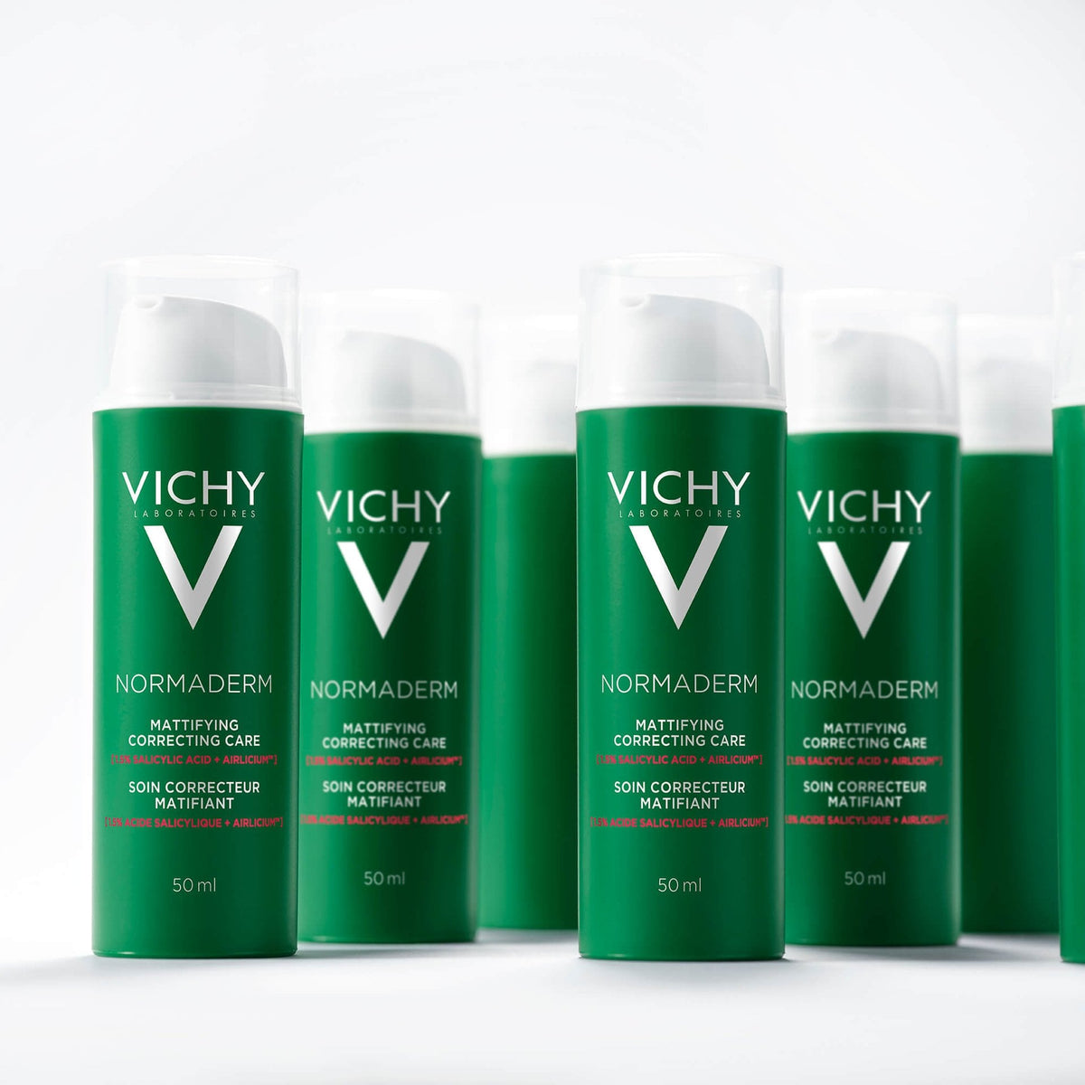 Vichy Normaderm 50ml, rows of pump bottles