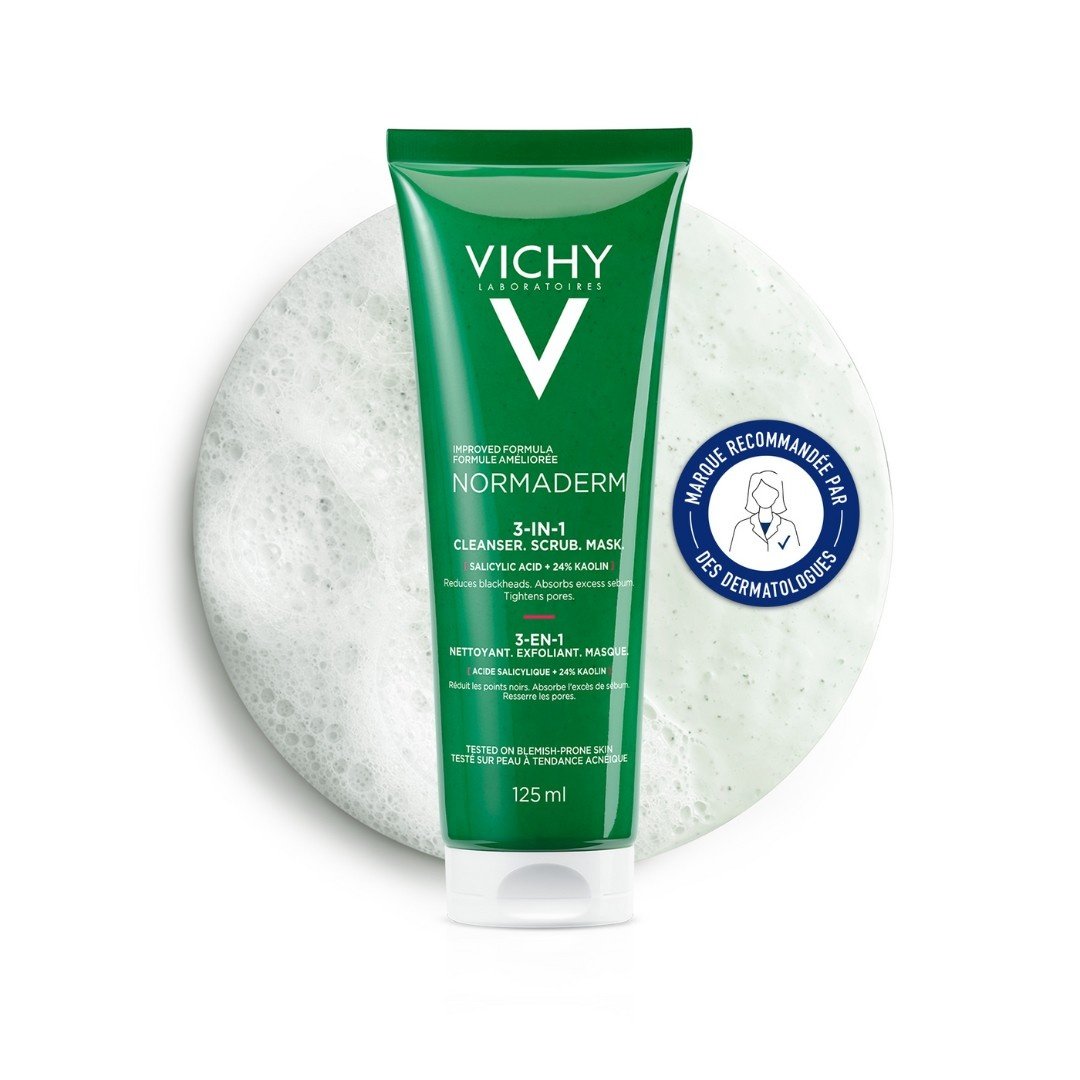 Vichy Normaderm 125ml, tube on a circle of foam with a badge in French