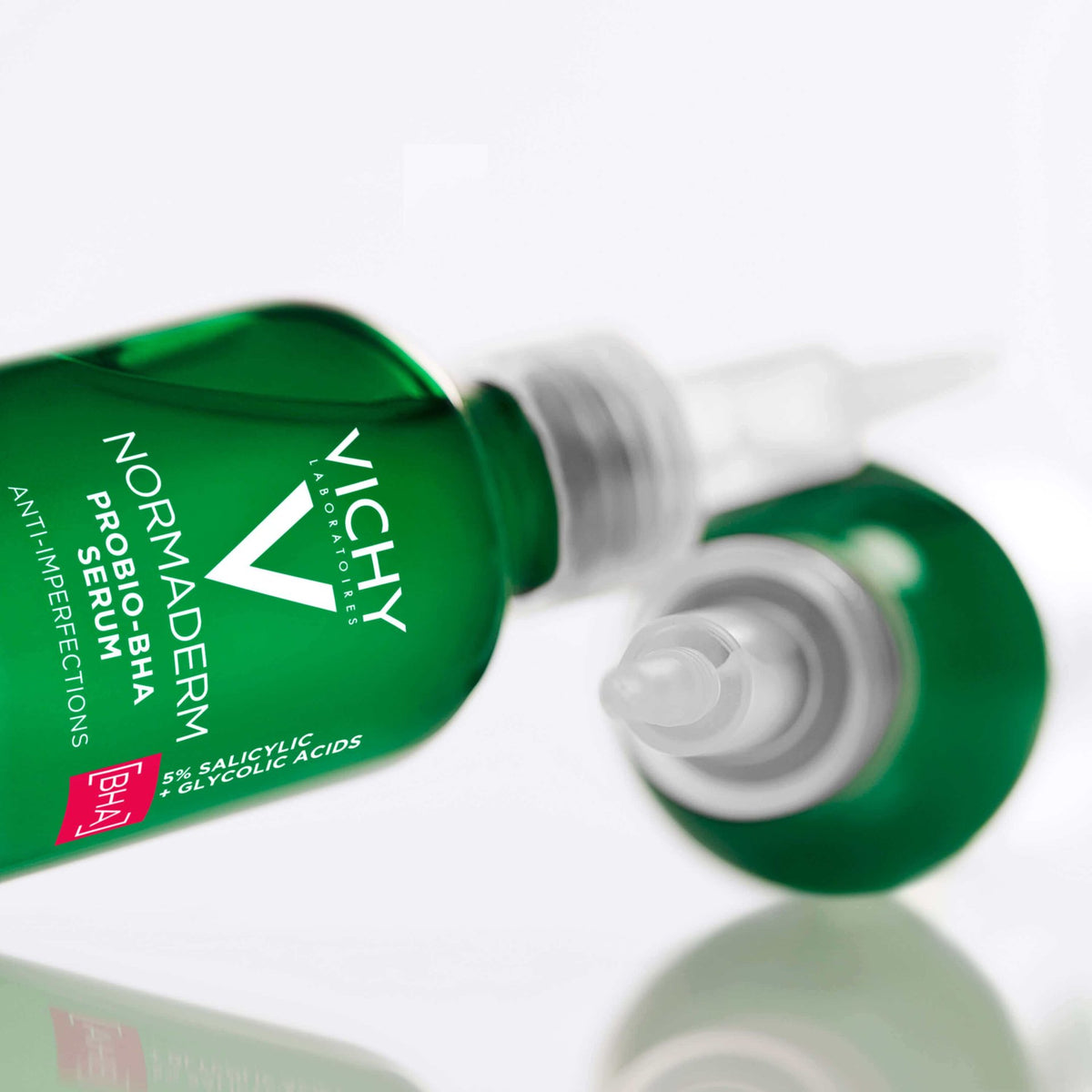 Vichy Normaderm, two bottles lying down, close-up