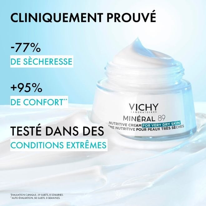 Vichy Minéral 89, open jar on a cream swirl with French test results