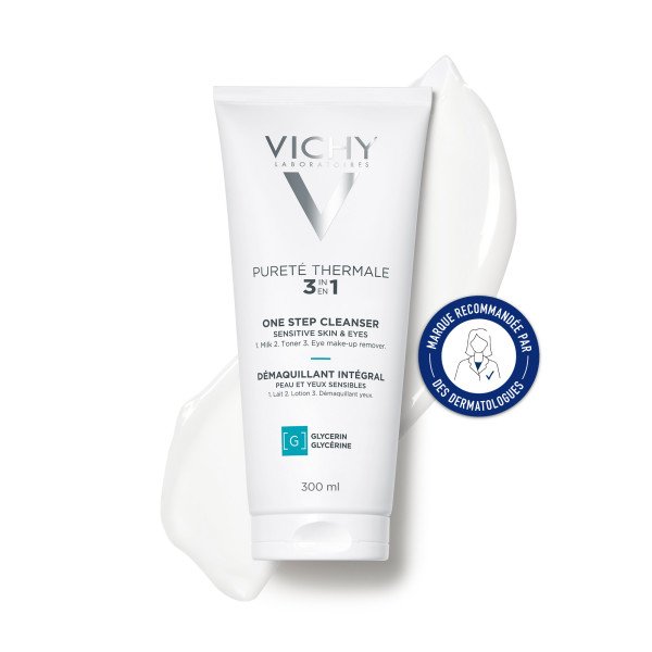 Vichy Pureté Thermale 300ml, tube on a milk swatch with a badge in French