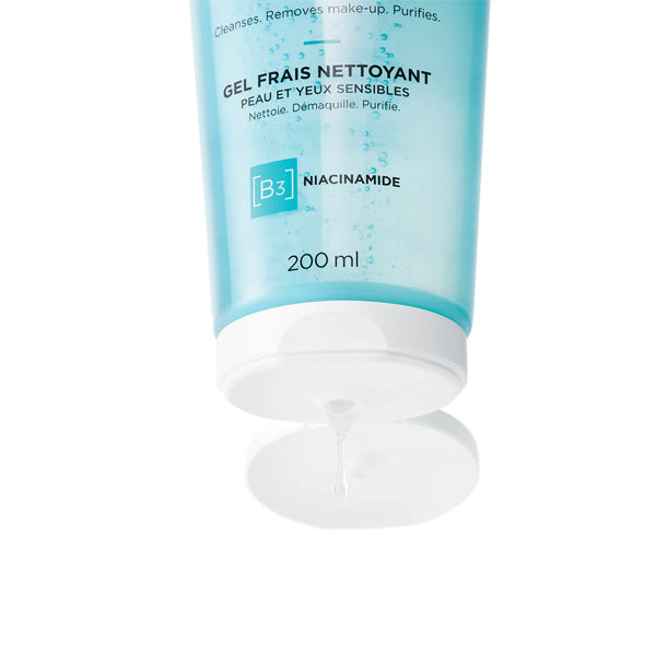 Vichy Pureté Thermale 200ml, open tube upside down with gel dripping, close-up