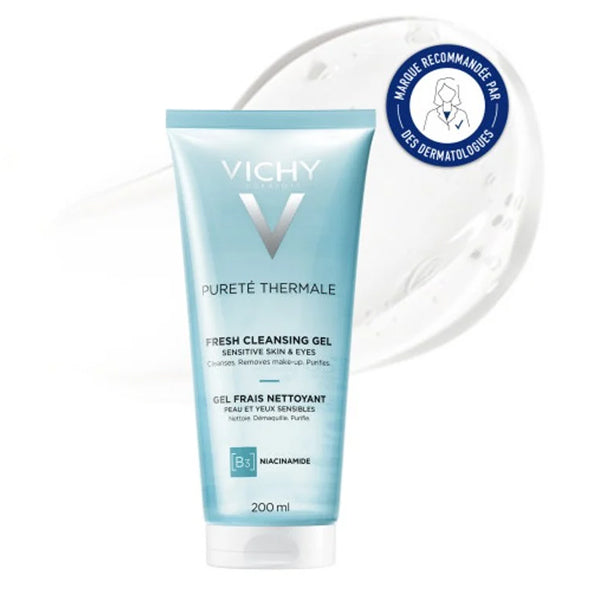 Vichy Pureté Thermale 200ml, tube on a gel swatch with a badge in French
