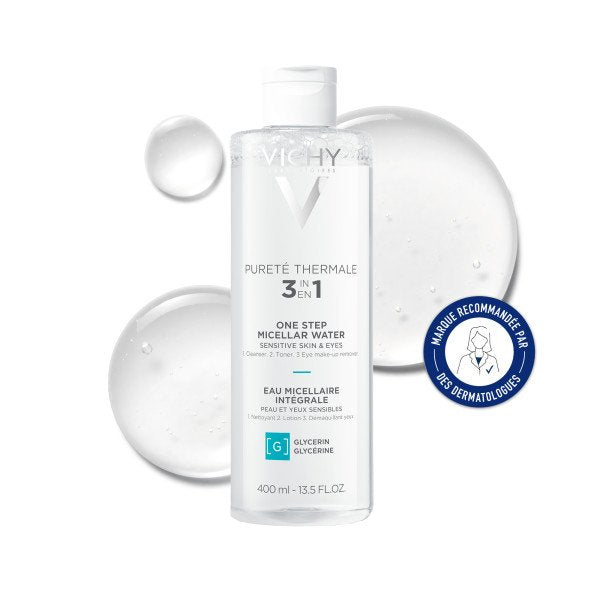 Vichy Pureté Thermale 3-in-1 Micellar Water 400ml, bottle among water bubbles