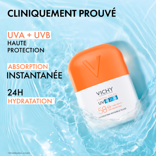 Vichy UV-Aqua, bottle in rippling water with text in French