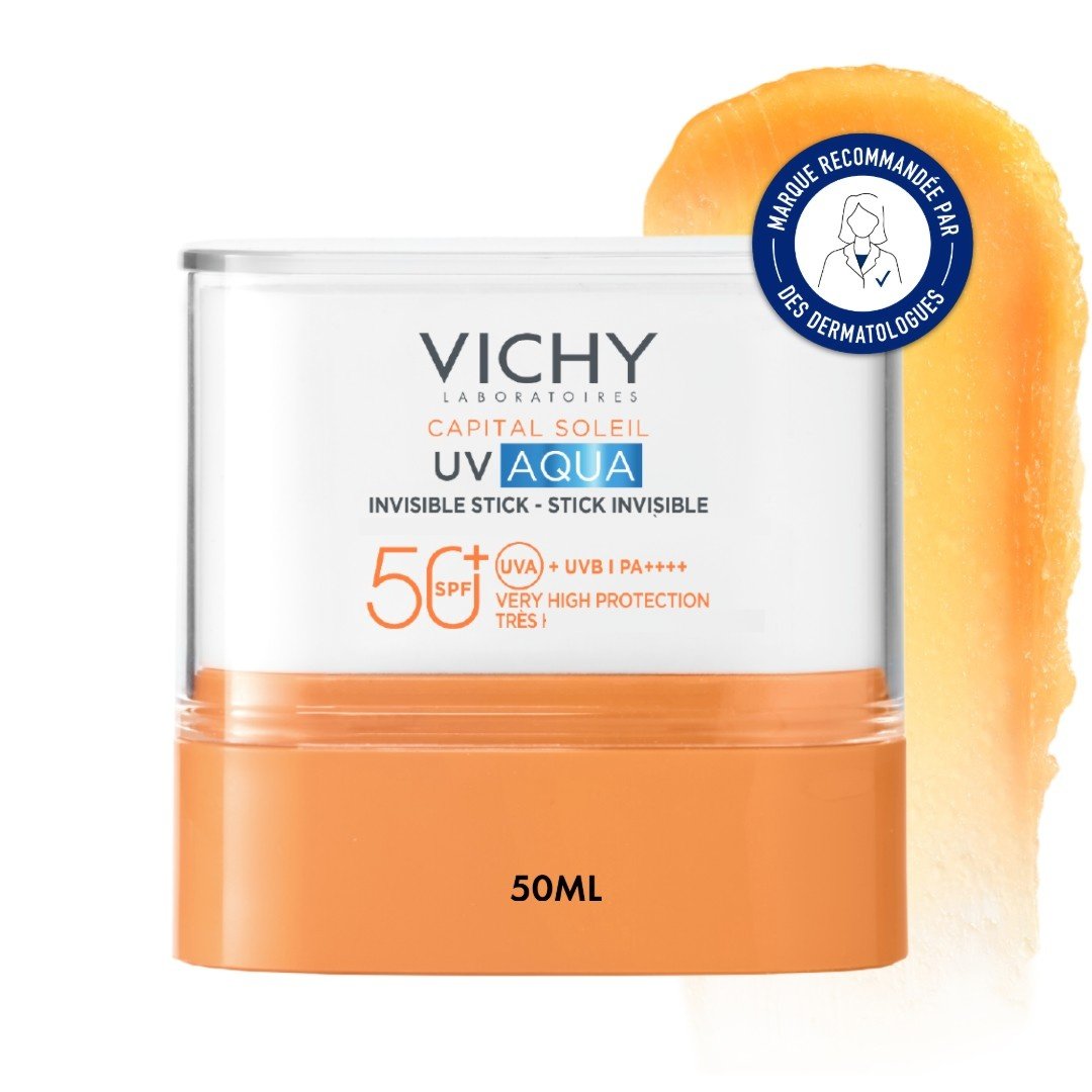 Vichy UV Aqua 50ml, stick on an orange swatch with a badge in French