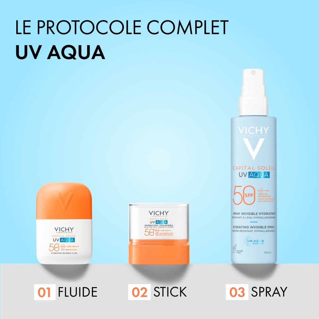 Vichy UV Aqua, fluid, stick and spray side by side with text in French