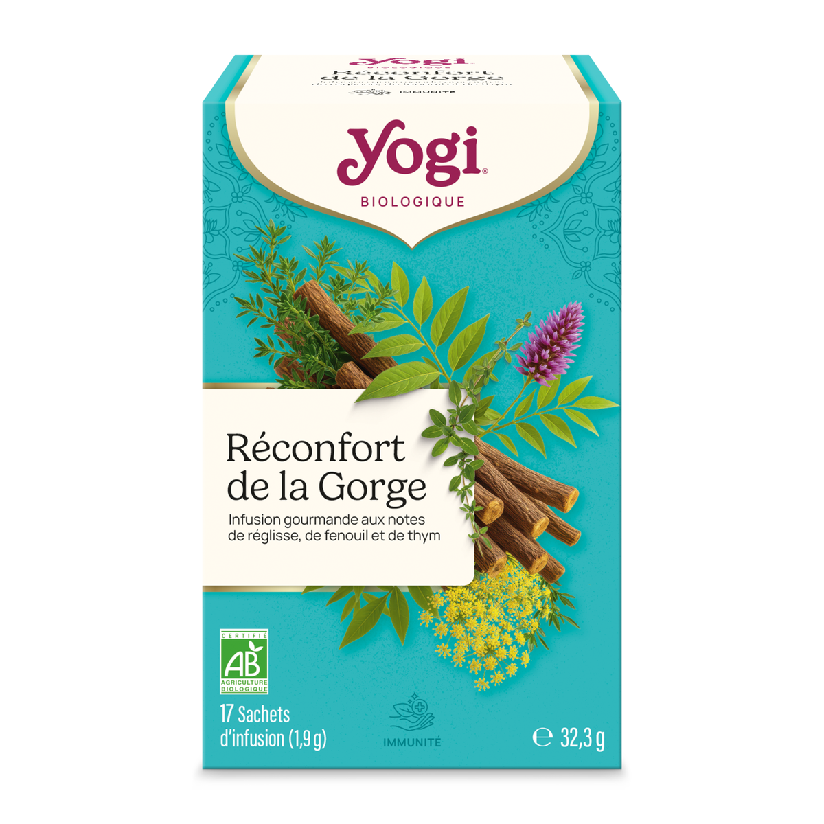 Yogi Tea Throat Comfort Organic Herbal Tea 32.3g, front of the box